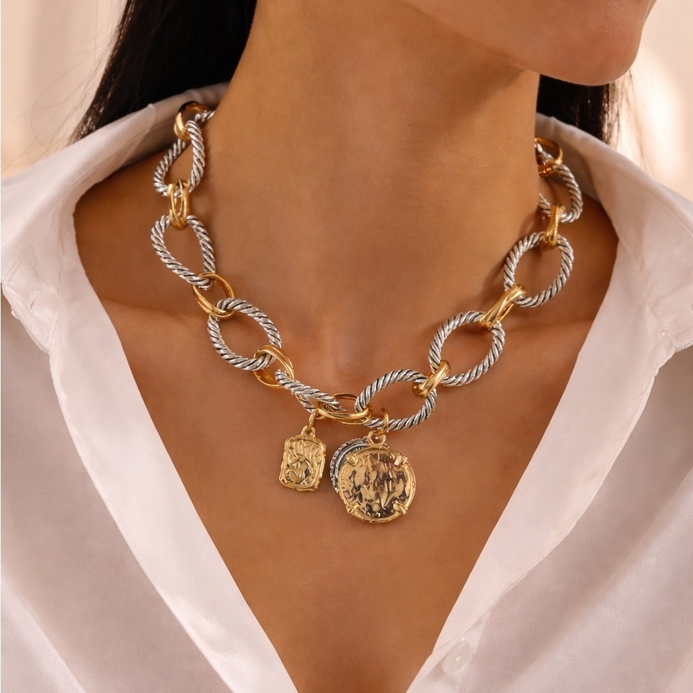 Vintage style Two-Tone Chain Coin Necklace | Gold & Silver Statement